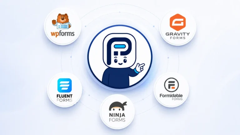 Illustrated mascot surrounded by the WPForms, Gravity Forms, Fluent Forms, Formidable Forms and Ninja Forms logos